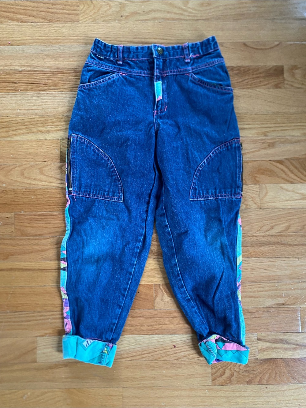 Kids Vintage 90s High-Waist Dark Wash Denim Joggers with Colorful Trim